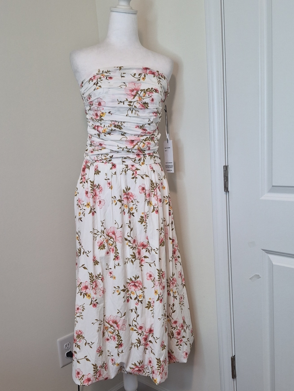 Tulip Creations Cream Strapless Floral Midi Dress with Pink Blooms Size S